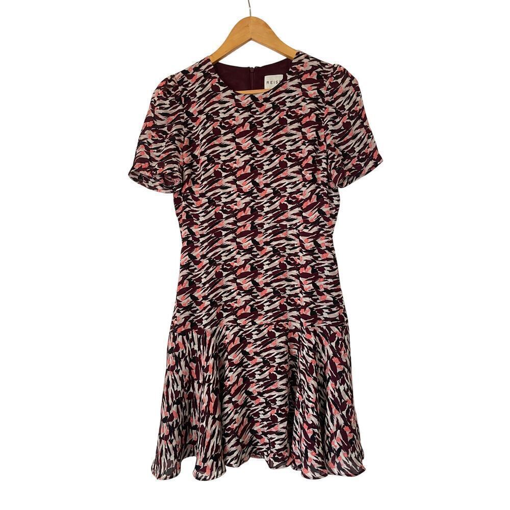Reiss Burgundy Aster Print Drop Waist Flutter Hem Short Sleeve Dress • Sz S